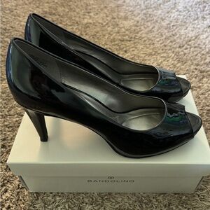 Bandolino Rainaa Black Patent Leather Peep-Toe Heels, Size 10